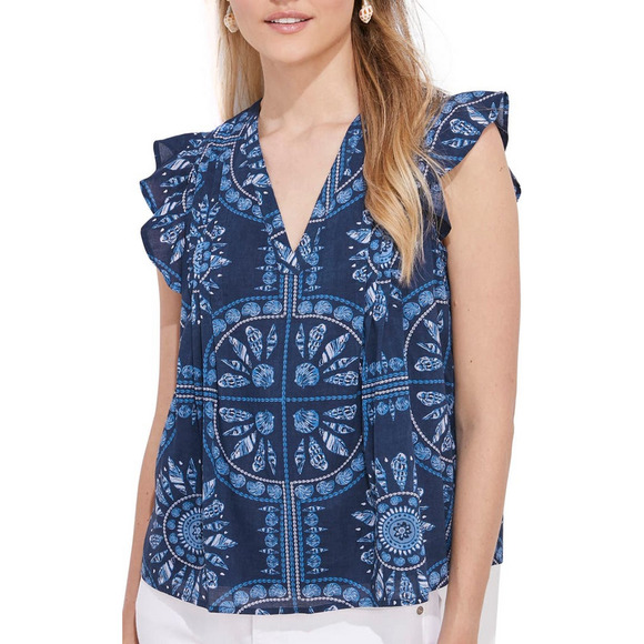 Vineyard Vines Tops - Vineyard Vines Scarf Print Pintuck Flutter Sleeve Top Womens Large Coastal Blue